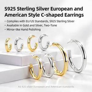 925 Sterling Zilveren Hoop Oorbellen Minimalistische Glanzende C-Vormige Chunky Oorknopjes Voor Dames Casual Mode Sieraden