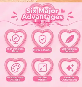 Heart shaped makeup mirror detail showing compact size, clear reflection and cute pink design.