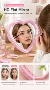 Heart shaped desktop makeup mirror with cute pink frame for daily cosmetic use and room decor.