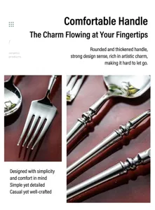 European style stainless steel cutlery set with embossed handle for dining table decor.