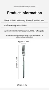 Stainless steel fork product detail showing dimensions, polished finish and cutlery specifications.