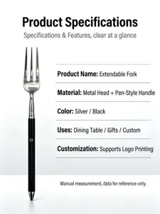 Detail view of the portable retractable pocket fork with metal head and pen-style handle.
