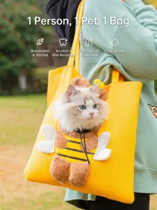 Yellow canvas pet carrier bag for cats small dogs cute bee design outdoor travel tote bag