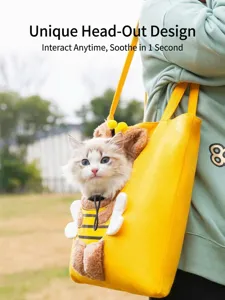 Pet carrier detail shot, cute cat out design yellow canvas bag for small pets outdoor.