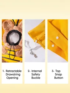 Details of pet carrier bag with drawstring opening, safety buckle, and snap buttons.