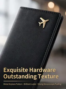 Zwarte leren paspoorthoesje met gouden vliegtuig hanger voor reistoepassingen en kaarten.