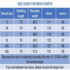 Men's shirt size chart guide showing detailed measurements for S to 3XL casual tops.
