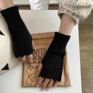 Guantes de punto negros sin dedos invierno cálidos lana guantes cortos elegantes borde ondulado.