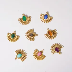 Bohemian style sunburst natural stone pendant stainless steel 14k gold plated necklace charm
