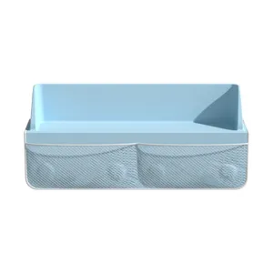 Organizer da bagno blu per vasca con due tasche in rete per giocattoli e articoli da toeletta.