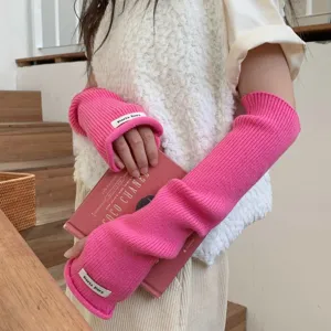 Gants tricotés sans doigts longs chauffe-bras hiver chaud manches en tricot rose mode
