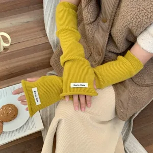 Gants longs tricotés sans doigts pour femmes mitaines hiver automne chaud manches jaunes