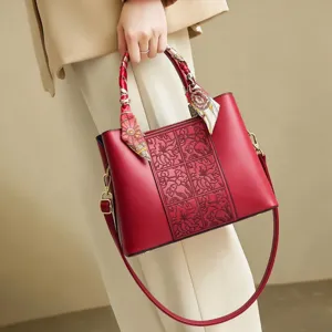 Borsa A Mano Donna Pelle PU Goffrata Floreale Manico Sciarpa Grande Capacità Retro Elegante Ufficio Spalla Tracolla