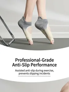 Women non-slip yoga socks, open toe grip pilates fitness socks with anti-skid dots grey