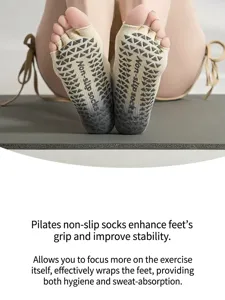 Non-slip yoga socks detail showing the five-toe open design and triangle grip rubber dots.