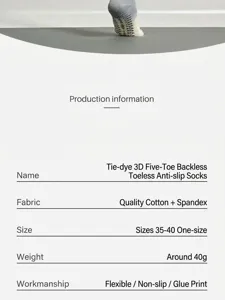 Detail view of the five-toe yoga socks showing material and size specs for pilates.