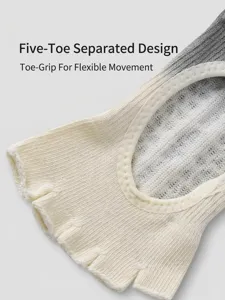 Non-slip five toe yoga socks for women, open toe pilates fitness athletic socks grey beige