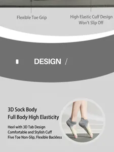 Detailed view of women non-slip yoga socks with five toe design and backless breathable fit.