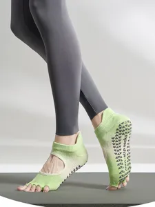 Women non-slip yoga socks five toe open toe pilates fitness cotton training socks green