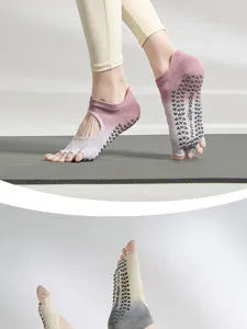 Women's five-toe non-slip yoga socks with grip dots, gradient design, breathable cotton for pilates.