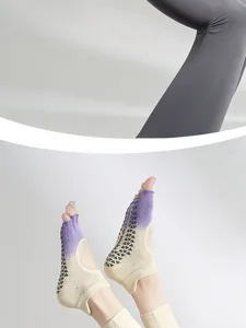 Non-slip grip pilates yoga socks detail, toe separation design for balance and stability.