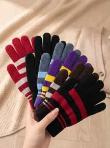 Damen Winter warme Touchscreen Strickhandschuhe dicke Pluesch Streifen Handschuhe Set.