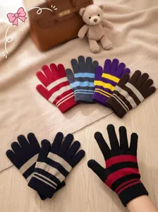 Verdickte warme Strick-Touchscreen-Damenhandschuhe für den Winter im Streifen-Design.