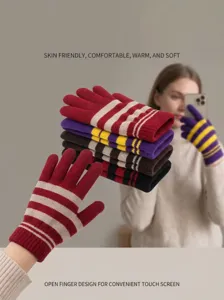 Damen Winter warme Strickhandschuhe Touchscreen dicke Plüsch Fütterung gestreifte Fäustlinge