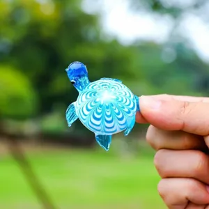 Mini blue and white glass turtle figurine desktop ornament for cute home decor display.