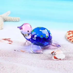 Mini glass sea turtle figurine detail shot, cute animal micro landscape for desktop decor.