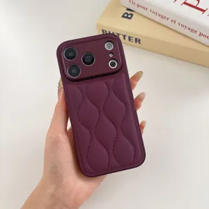Purple quilted leather phone case with wave pattern and camera protection for iPhone 15 16 17