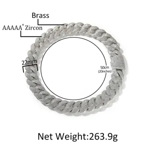 Men 22mm Cuban Link Chain Necklace Brass AAAAA+ Zircon 50cm Heavy Hip Hop Jewelry Gold