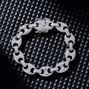 Men's hip hop rhinestone cuban link bracelet, iced out pig nose chain design silver.