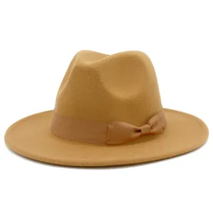 Sombrero Fedora de Lana con Lazo, Sombrero Jazz de Ala Ancha Camel para Mujer y Hombre