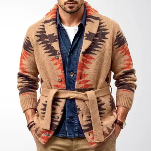 Herren Retro geometrische Jacquard Strickjacke mittellang dicker Pullover Mantel Detail