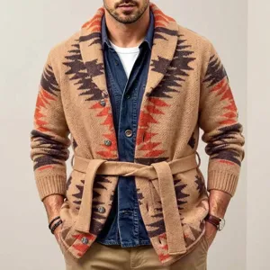 Vintage Ethnisch Geometrischer Jacquard Strickjacke Für Herren Mittellang Verdickt Pullover Mantel Mit Gürtel Langarm Top