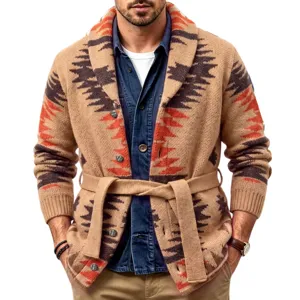 Herren Retro geometrischer Jacquard Strickjacke Mantel mit passendem Gürtel Stil.