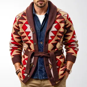Mens geometric jacquard knitted cardigan belted mid-length thick winter sweater coat.