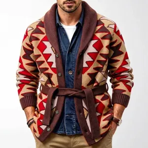 Men Heavy American Geometric Jacquard Knit Cardigan Mid Length Thick Polyester Sweater Coat With Shawl Collar Belt Top