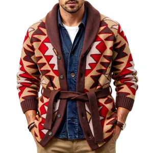 Mens geometric jacquard knit cardigan shawl collar sweater coat with belt winter warm outer