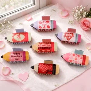 Cute pencil shaped hair claw clips with Valentine heart and lip prints for daily styling.