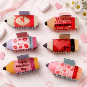 Cute pencil shaped hair claws set with sweet heart and lip patterns for daily wear hair styling