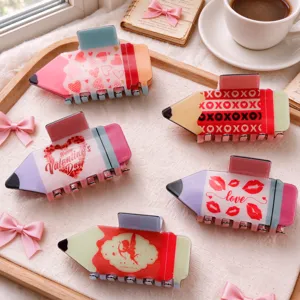 Cute cartoon pencil shape hair claw clip with sweet love heart patterns for daily wear.