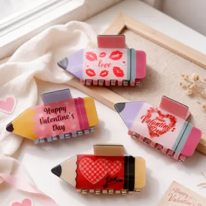 Cute pencil shape hair claw clips with Valentine heart and love designs for women and girls.