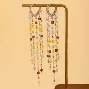 Chic heart huggie hoop multi-strand crystal bead tassel long earrings for women fashion jewelry