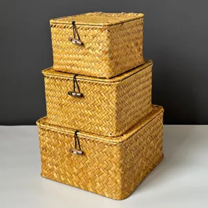 Handcrafted woven storage boxes set with lids and toggle button closure for home organization.