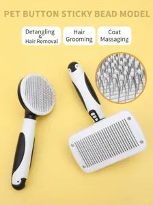Pet slicker brush with self-cleaning button and protective sticky beads for gentle grooming.