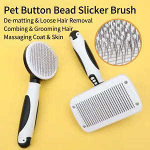 Self-cleaning pet slicker brush with push button, anti-slip penguin handle for cats dogs.