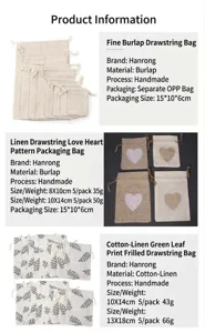 Detail view of natural linen burlap drawstring storage gift bags with various cute patterns and sizes.