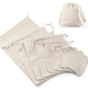 Natural linen burlap drawstring pouches set, assorted sizes rustic gift bags for jewelry.